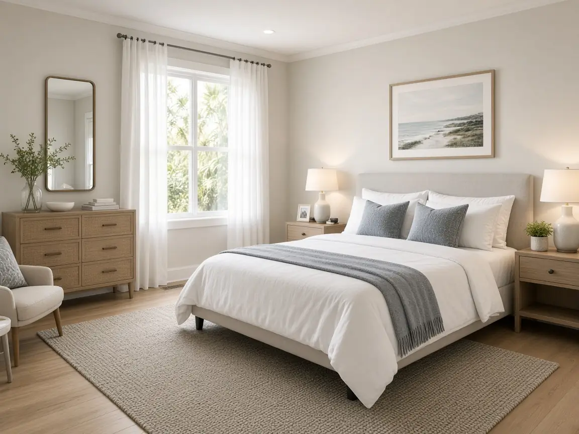 Furnished main bedroom with queen bed, nightstands and dresser in a Tampa Bay rental