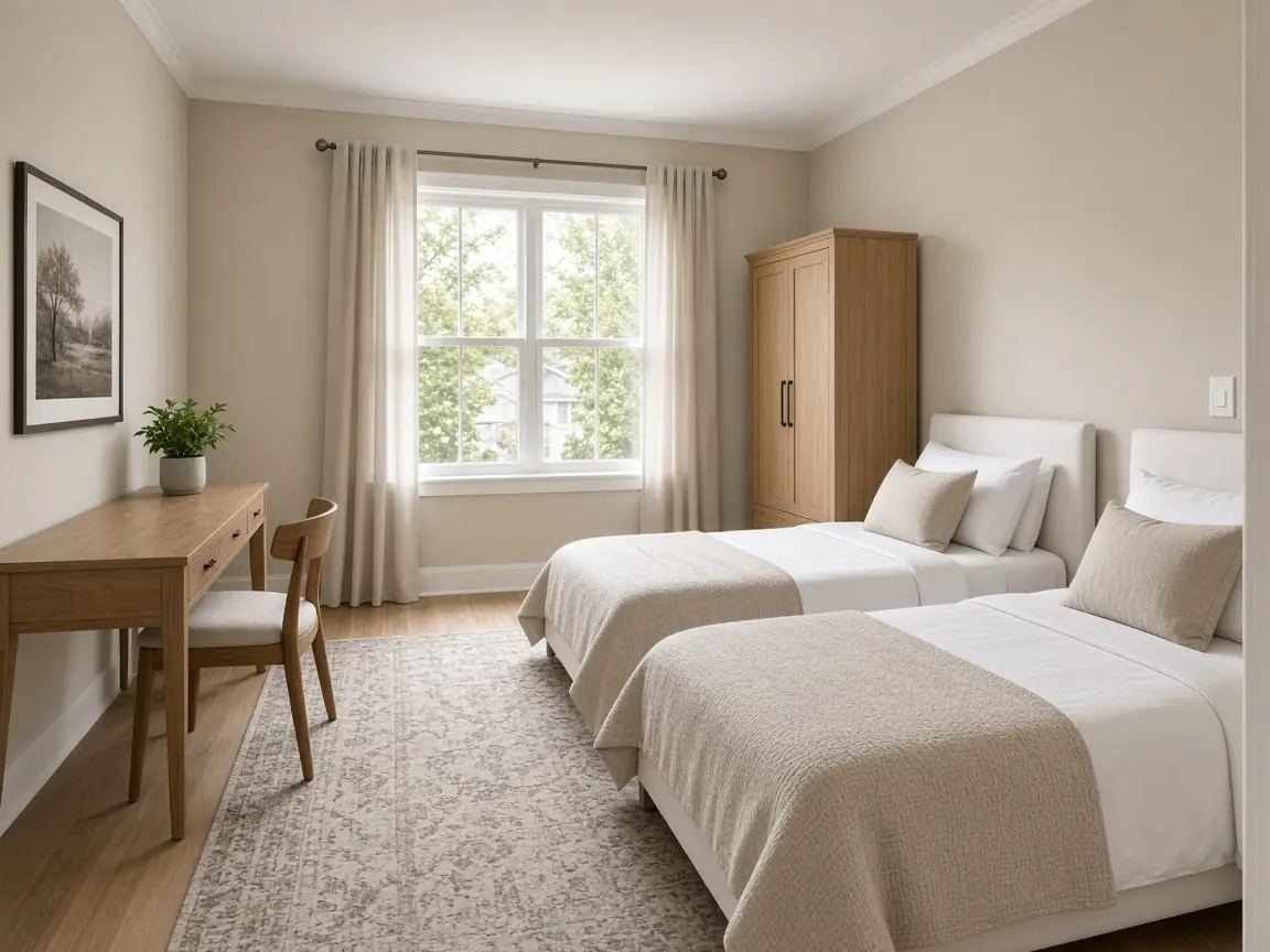 Furnished second bedroom with two single beds, desk and wardrobe in a Tampa Bay rental