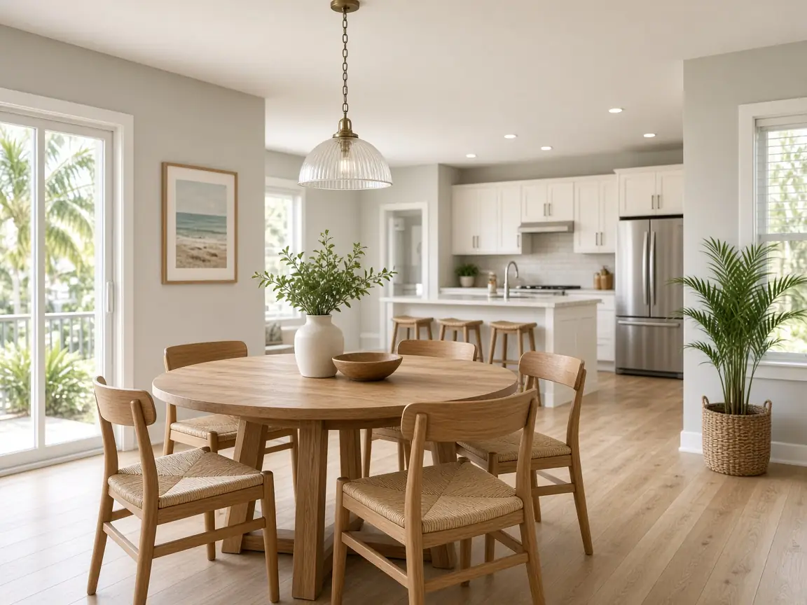 Furnished dining area with round oak table and four chairs beside an open kitchen in a Tampa Bay rental