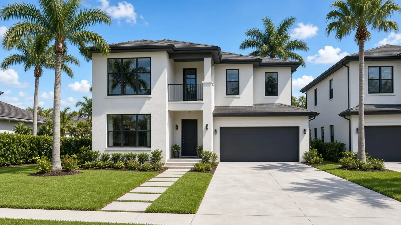 Modern stucco home with palm trees and a tidy lawn in a Tampa Bay neighbourhood
