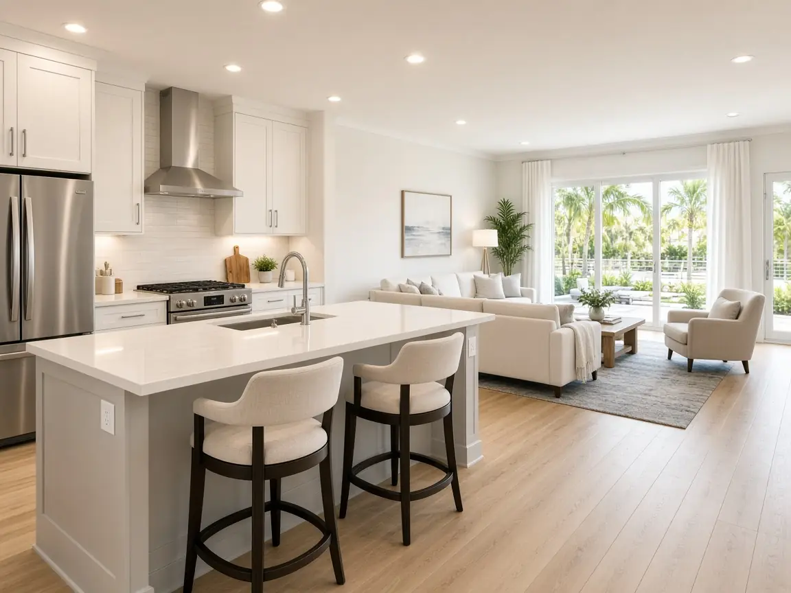 Furnished open plan kitchen and living space with island and stools in a Tampa Bay rental