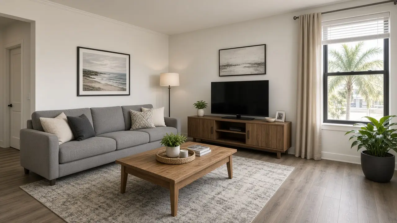 Furnished contemporary living room with grey sofa, wood coffee table and TV unit in a Tampa Bay rental
