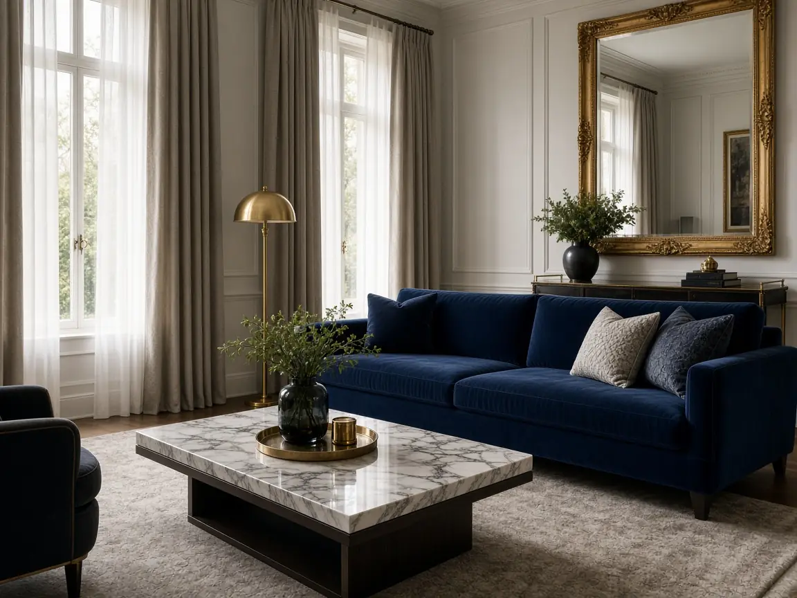 Luxury look living room with navy velvet sofa, marble coffee table and brass floor lamp