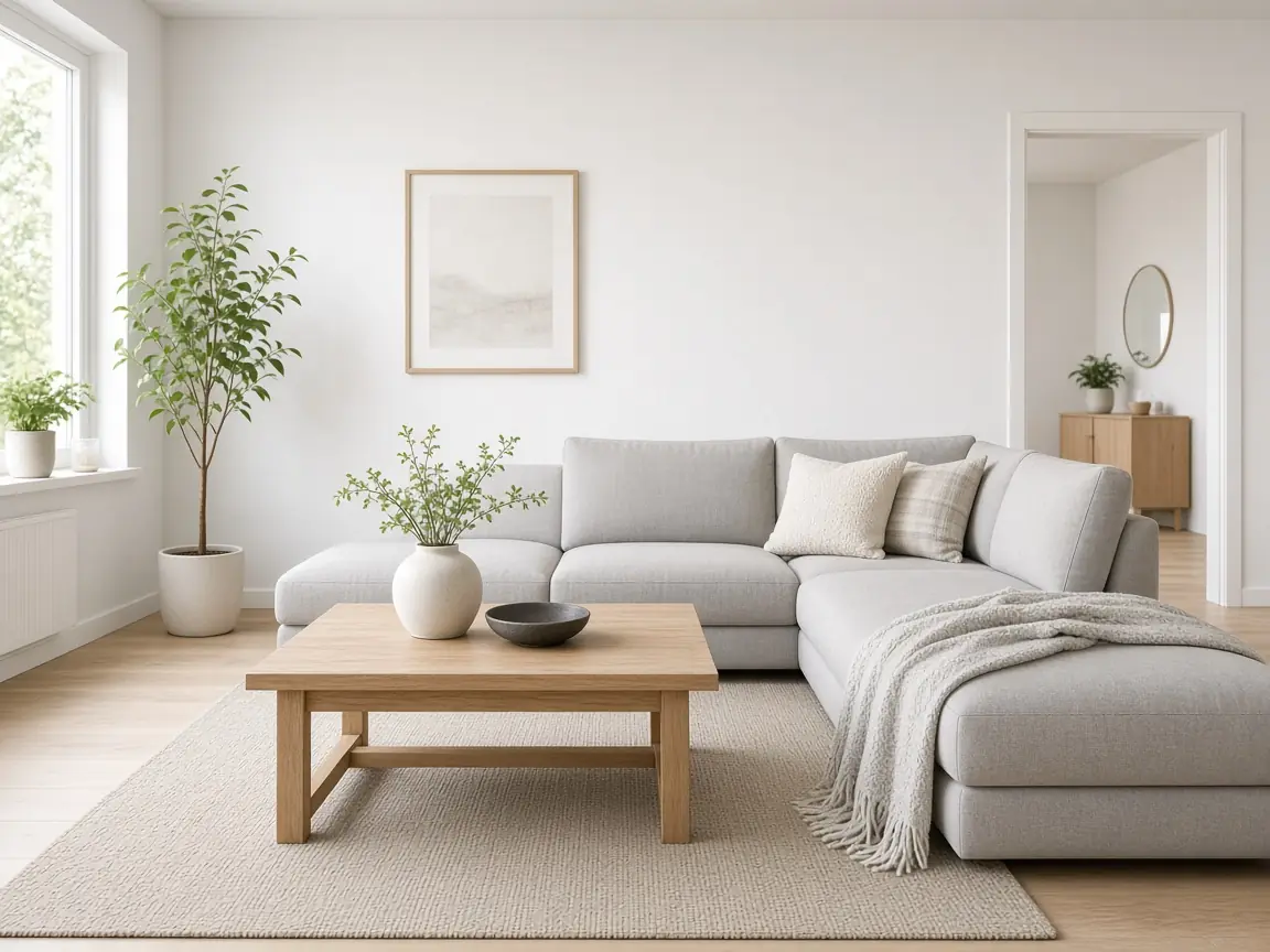 Scandinavian look living room with light grey sectional sofa, oak coffee table and plants