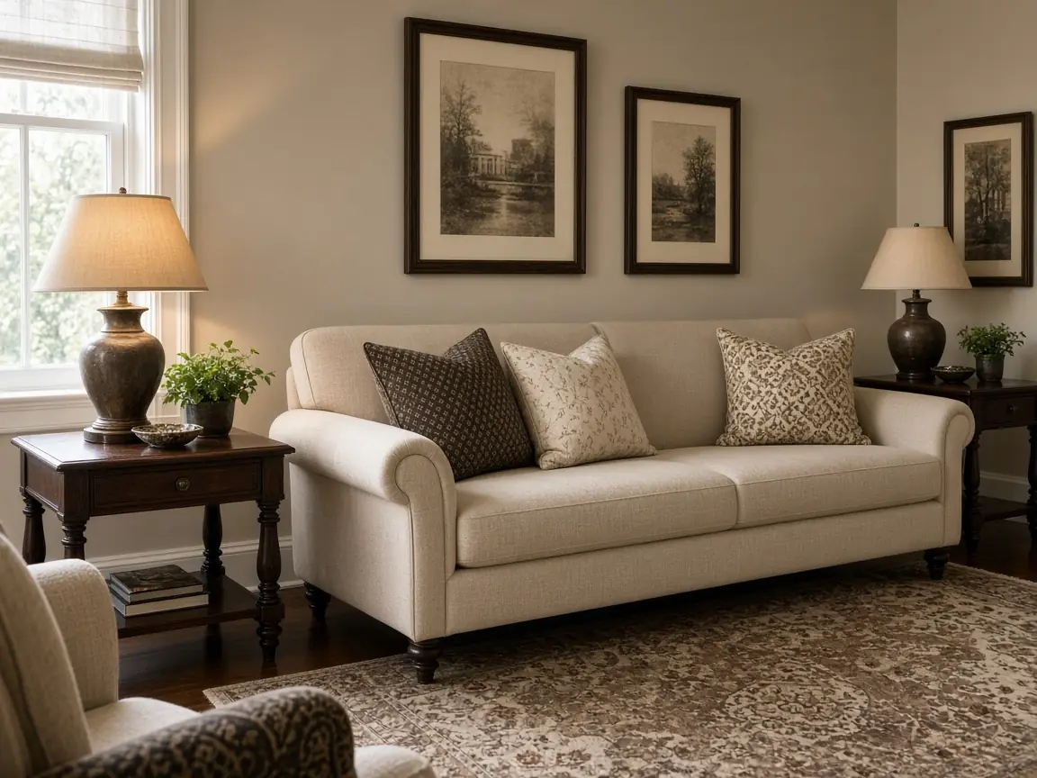 Traditional look living room with beige rolled arm sofa, dark wood side tables and patterned rug