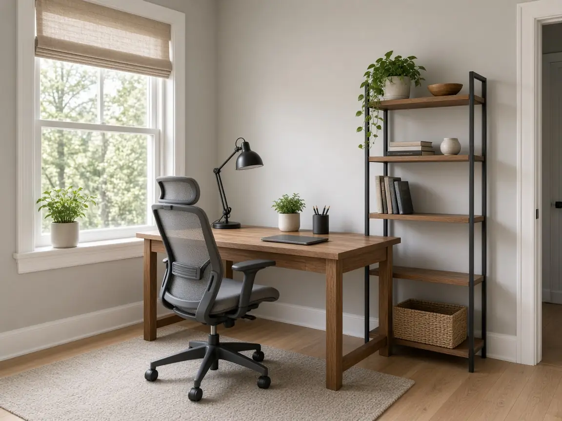 Home office corner with wooden desk, ergonomic chair and shelving in a furnished rental