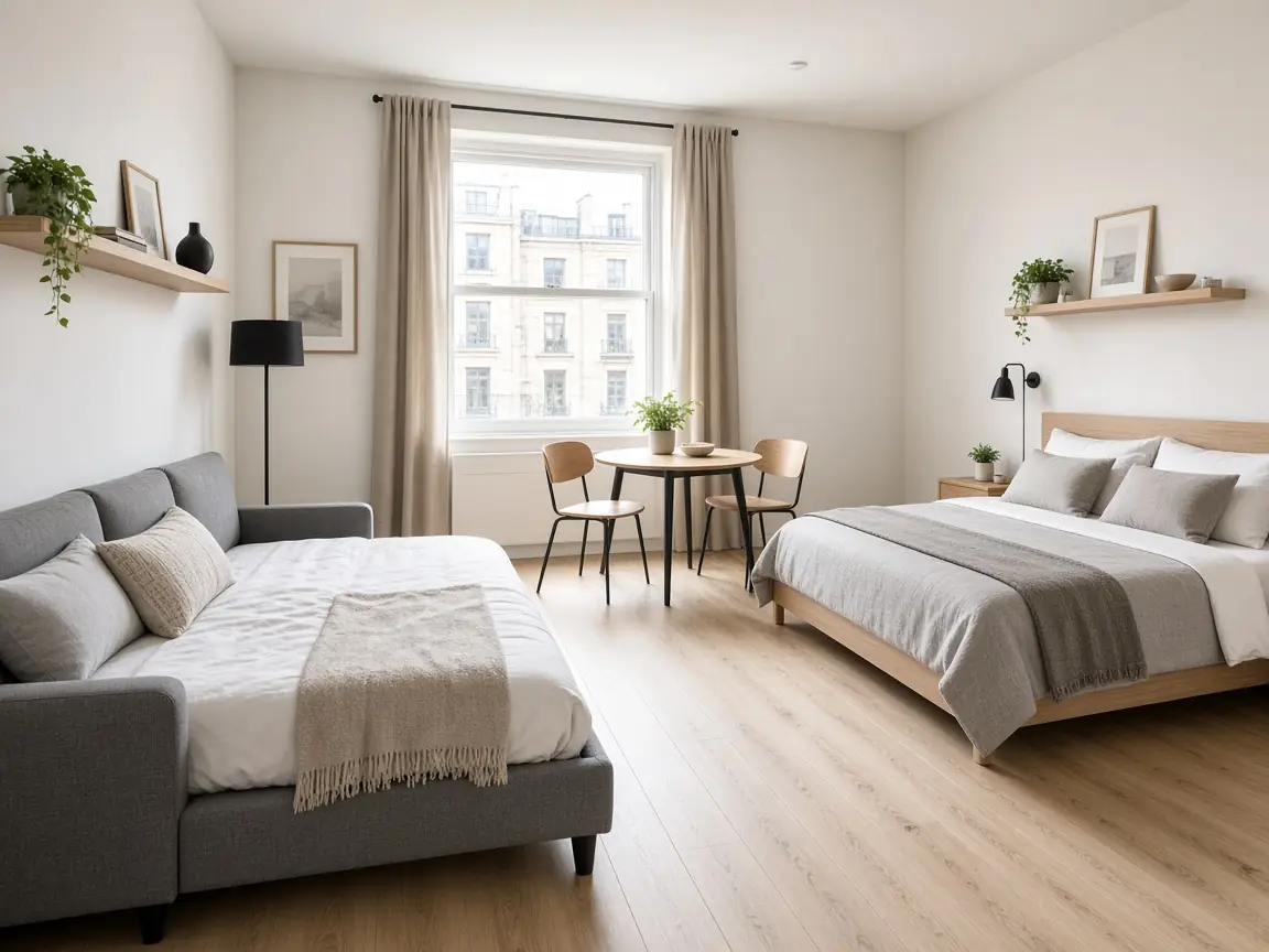Furnished studio apartment with sofa bed, bed, small table and shelves